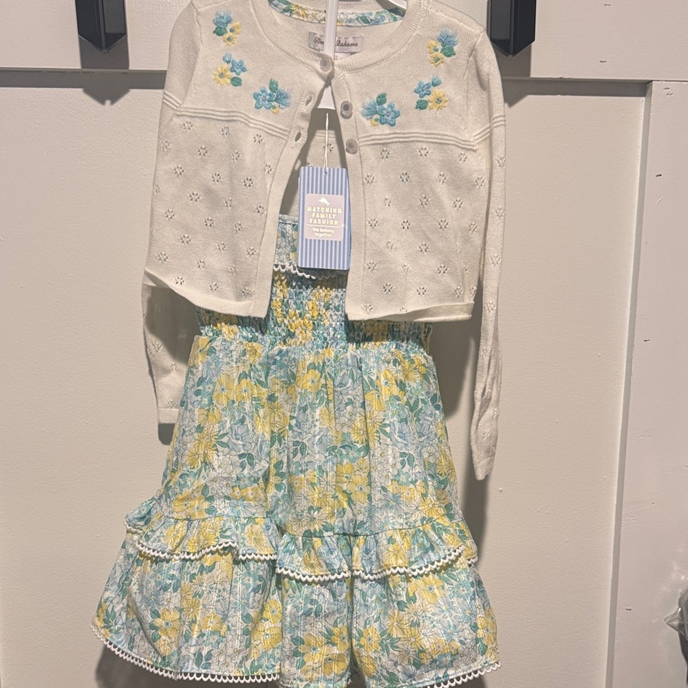 NWT Tommy Bahama Cream Cardigan with Blue and Yellow Floral Dress - Size 2T